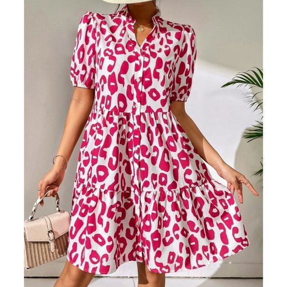 Pink Boho Leopard Print Button Through Puff Sleeve Dress - Picture 1 of 5